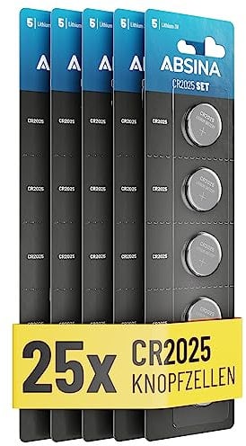 ABSINA Knopfzellen CR2025 25er Pack - CR 2025 Knopfzelle auslaufsicher & Langer Haltbarkeit - CR2025 Batterien Knopfzellen, CR2025 3V Lithium Knopfzelle, Batterie CR 2025, Knopfbatterie CR2025