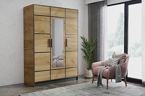 KIER FURNITURE Dreitüriger Kleiderschrank Roj3D - Moderner Kleiderschrank aus Laminierter Spanplatte - Ausziehbarer Kleiderbügel - Praktische Garderobe - 156,4x205x39 cm Eiche Craft Gold | Geräumiger Kleiderschrank mit praktischer Aufbewahrung für Kleidung und Wäsche, ideal für Erwachsenen- oder Kinderzimmer