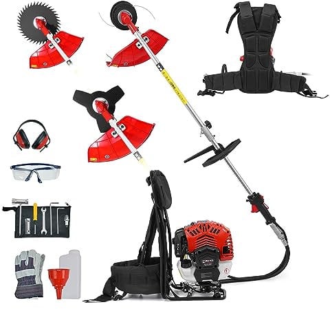 BU-KO 52cc Mochila de para desbrozadora de Gasolina, Herramienta de jardín Que Incluye: Recortadora de Hilo, desbrozadora con Cuchilla 3T y Cuchilla cortadora de malezas con Cuchilla 40T