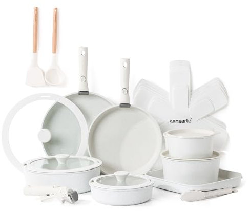 SENSARTE 24 Piece Pots and Pans Set, Nonstick Detachable Handle Cookware, Induction Kitchen Cookware Set with Removable Handle, Healthy Non Stick for RV, Dishwasher ＆ Oven Safe (White)
