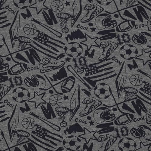Sweat Stoff Meterware Kinder Sportmotive – Grau mit Fußball, Basketball & Baseball, 140 cm breit, 60% Baumwolle 40% Polyester, weich & pflegeleicht, ideal für Kinderbekleidung & Accessoires