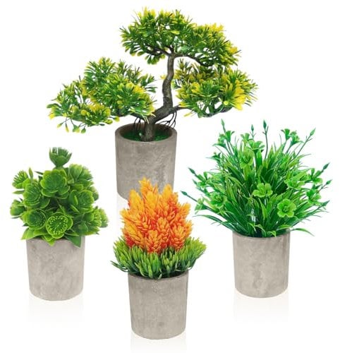 SASPOLO Lifelike Premium Artificial Plants Indoor Set of 4 Pots for Home Shelf Wall Office Desk Faux Greenery decorations, No Maintenance Required