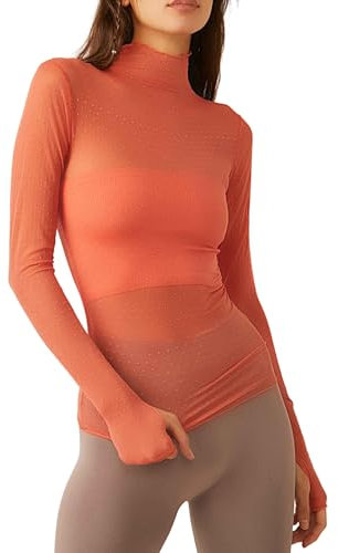 Acrawnni Women's Sexy See Through Slim Fit Shirts Mesh Tops Long Sleeve Turtleneck Neck Sheer Blouse (L-Orange, L)