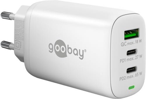 Goobay 65408 USB C Ladegerät Netzteil 65W Power Delivery PD Schnellladegerät/iPhone/Android/USB-C & USB-A 3 Port Mini Adapter für Steckdose/Weiß
