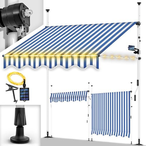 tillvex Store de Balcon 350 cm Bleu/Blanc avec LED avec manivelle pour Balcon - Store de Balcon sans perçage - Résistant aux UV et réglable en Hauteur - Protection Solaire étanche