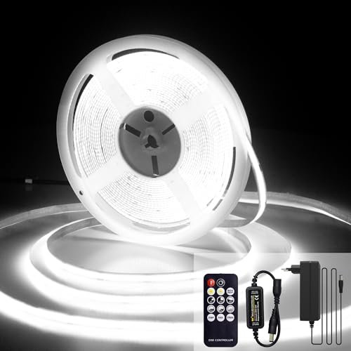 luktix Ruan LED COB 10M, Bande Lumineuse Blanc Froid 6000K, Bande LED COB 24V Dimmable, CRI92, Largeur 8mm, avec Télécommande et Alimentation, Pour salon, Cuisine, Miroir