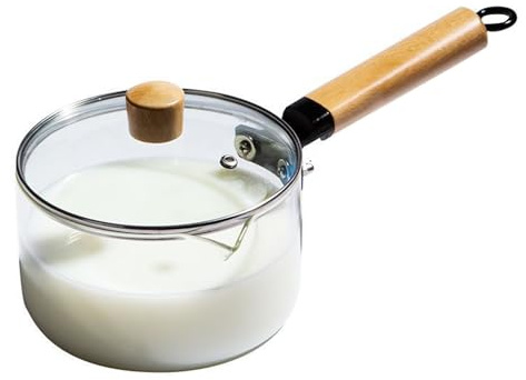RSBFER Milchtopf aus Glas, transparenter Kochtopf mit Holzgriff und Deckel, V-förmiger Ausguss, Simmertopf, Kochgeschirr für Ramen, heiße Milch