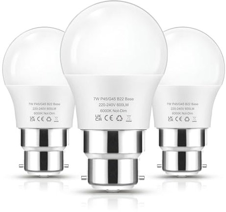 Flaspar B22 LED Bayonet Light Bulb, G45/P45 Golf Ball 7W LED 60W Incandescent Bulb Equivalent, 6000K Cool White 600Lm GLS Bulbs, Non Dimmable, 3 Pack