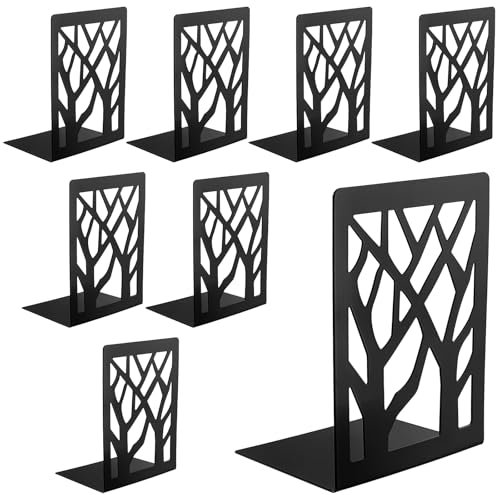 HEIHAK 8 PCS 4 Pair Metal Tree Bookends, Black Book Holder, Heavy Duty, Anti-Slip, Sturdy, Unique Design, Book Stopper for Home, School, Office, Library