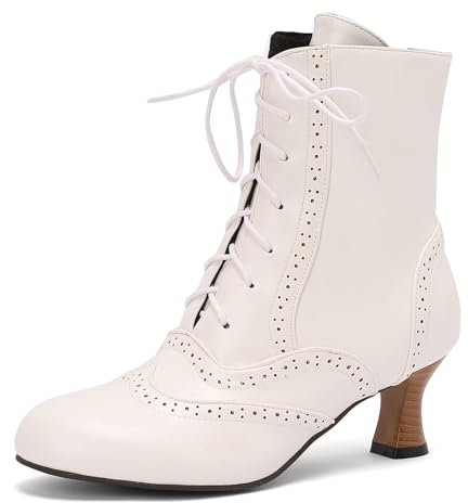 Damen Ankle-High Stiefeletten Jahrgang Victorian Stiefel with Zipper Schnüren Runde Zehen Mediaeval Renaissance Style 70's Outfits Schuhe White Size 41