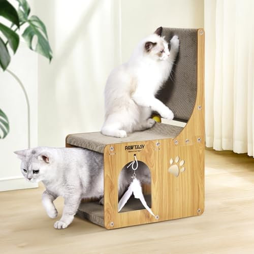 Pawtasy Rascador para Gatos, cartón rascador con casa para Gatos, Tabla rascador en Forma de L, 65 cm, Juguete para rascar con Pelota de Juguete, para Pared y Esquina como protección de Muebles
