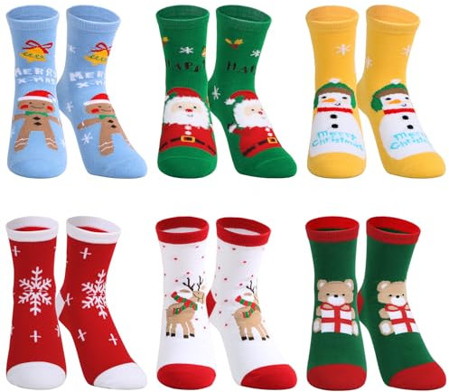 BOOMTOP 6 Paar Weihnachtssocken Kinder Weihnachten Socken Kindersocken Unisex Jungen Mädchen Santa Rentier Kleinkind Baumwollsocken Adventskalender Füllung Weihnachten Advent Neujahr Geschenk