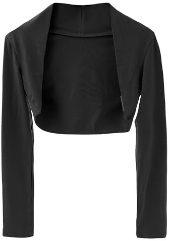 FEOYA Girls Long Sleeve Dance Cropped Shrug with Thumb Holes Gymnastics Shrug Soft Ballet Shrug Dance Warm Up Sweater Ballerina Wrap Top Black 9-10 Years