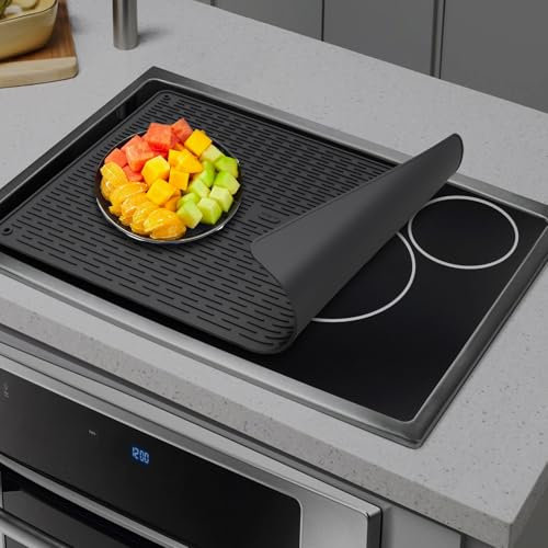 Herdplattenabdeckung für Elektroherd, Herdabdeckung, hitzebeständige Herdplatte, Silikon-Herdmatte für Glasplatte, Abtropfmatte für Küchentheke (Schwarz 71x51cm)