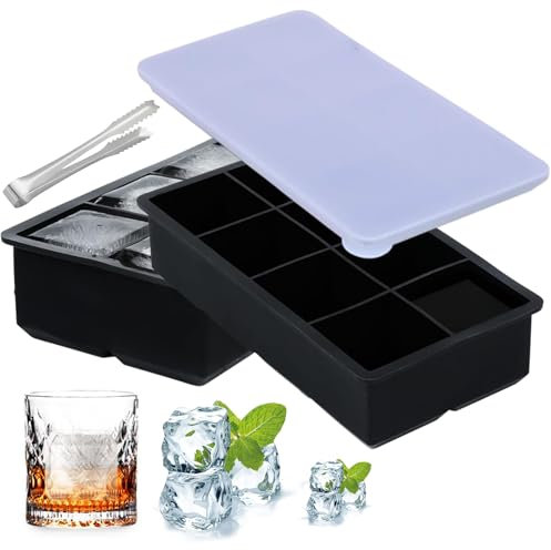 2 Pack Large Ice Cube Tray with Lid, 8 Square Cubes Flexible Stackable, Silicone Ice Cube Trays Flexible Bpa Free, Large Silicone Ice Cube Moulds, Giant Cubes Melt Slowly Perfect for Whiskey, Black