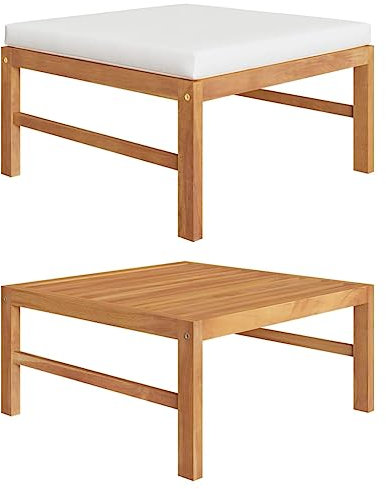 CINDERFUL Fußhocker mit Creme Kissen Massivholz Teak,Teakholz Fußhocker mit cremeweißem Sitzpolster für Garten, Terrasse oder Balkon Gartensitzmöbel