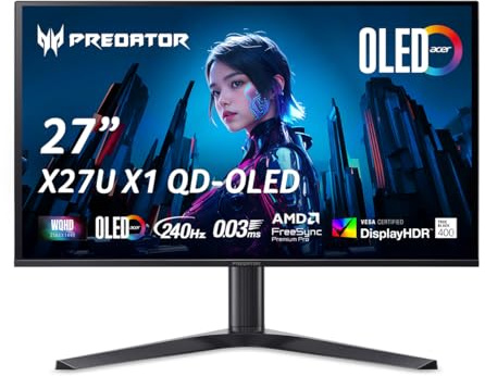 acer Predator Gaming Monitor, 27 WQHD (2560 x 1440) OLED | AMD FreeSync Premium Pro | 240Hz | 0.03ms (G to G) | VESA DisplayHDR True Black 400 | Display Port 1.4 and 2 x HDMI 2.1 | X27U