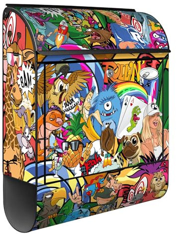 Riesel Design® Design Briefkasten 38,5x46,5x13cm - Briefkasten aus Stahl schwarz A4 Größe inklusive Zeitungsfach - Postkasten (stickerbomb)