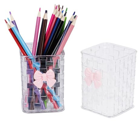 Shpucise Acrylic Clear Pen Pencil Holder Desk Organizer with Removable Bow, Transparent Makeup Brush Pot for Girls Women, Waterproof for School Office Home Gift (2-pack)