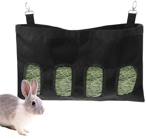 Kleintiere Heutasche, 4 Fenster Heu-Futterbeutel, Waschbar Hängende, Meerschweinchen Futterstation, Oxford-Stoff Kleintier-Futterspender, Kaninchen Heu Futtersäcke, für Chinchilla Hamster(Schwarz)
