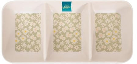 YöL 3 Section Snack Tray Daisy Print Melamine Summer Dining Outdoor Picnic BBQ Green Floral Trendy Tableware Reusable Plastic Dips
