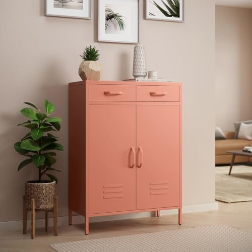skølm Kommode Atria, Sideboard für Wohnzimmer, Metall Kommode mit Doppeltür und Schubladen, Metallschrank, Mehrzweckschrank terrakotta Maße 110x80x38 cm