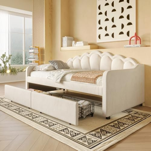 Kebnor Tagesbett, Schlafsofa, Hydraulisch Bett, Mit Stauraum, Einzelbett, Samt, 90x200cm(Ohne Matratze) (Beige -B)