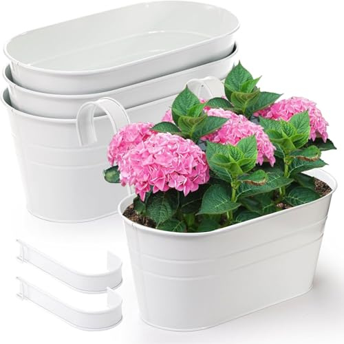 BLIFUGE Lot de 4 pots de fleurs à suspendre en métal pour balcon, clôture, jardin, décoration d'intérieur, 27 cm, avec crochet amovible, blanc