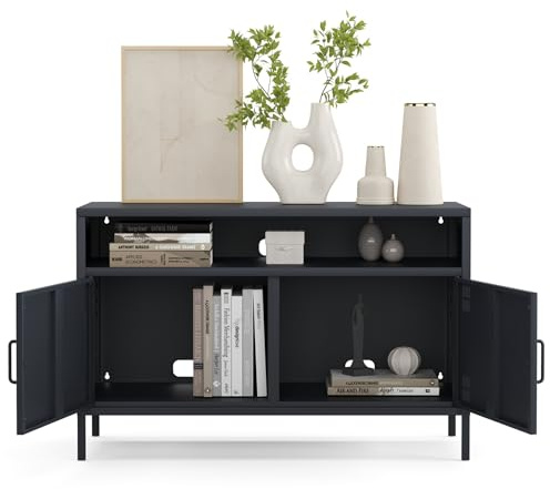 furni24 Metall TV-Schrank – Retro TV Lowboard – Möbel mit Türen und verstellbaren Ablagen – Robuste und stilvolle Aufbewahrungslösung für das Wohnzimmer- mit 4 Regalen, Anthrazit