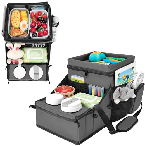 INFANZIA Autositz Organizer, Beifahrersitz Organizer Kinder mit ​​Thermotaschen​, Kofferraum Organizer für Vorderen Rücksitz mit Getränkehalter und Autoaufbewahrung für Spielzeug, Snacks (Grau)