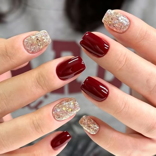 24 Stück Press on Nails Weihnachtsnägel - Weinrot Gold Glitzer Nägel zum Aufkleben, Rot Quadratisch Natürliche Fake Nails Fingernägel zum Aufkleben Full Cover Acrylnägel für Frauen Nail Art (Gold)