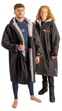 Dryrobe® Advance - The Original Long Sleeve Waterproof Changing Robe - Oversized Coat with Fleece Lining - for Beach, Cold Water Wild Swimming, Surfing - Extra Small - Black/Grey