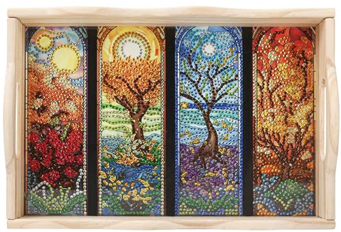Diamond Art Wooden Tray Kit, 5D Painting Rectangular Serving Tray, Dot Drilled Dinner Plate, Creative DIY Mosaic with Handle & Four Seasons Scenery for Adults, Tea Coffee Snack, Home, Restaurant, Bar