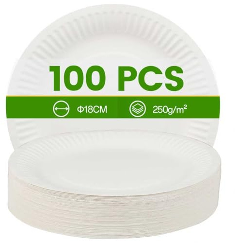 UYYUHDRV 100 Platos Papel Blancos – platos carton 18 cm/7 pulgadas, Para Fiestas, Barbacoas y Eventos, Elegantes y Resistentes, Platos de Papel Grueso 250 g/m²