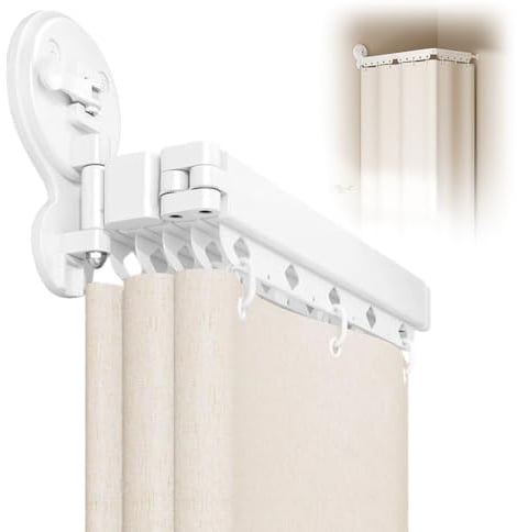 Shower Curtain Rail with Suction Cups, Multi-Angle 3-Fold 70-104 cm Shower Curtain Rail No Drilling, Telescopic Rod Curtain for Windows, Room Divider and Kitchens