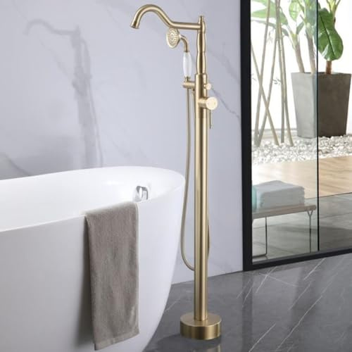 Wannenarmatur mit Brause Freistehend Gebürstet Gold Retro Badewannenarmaturg Bodenmontierte Standarmatur Badewanne Freistehend