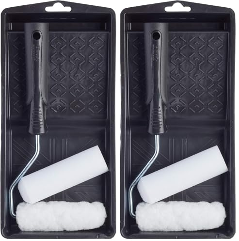 Harris 101092201 Essentials Mini Roller Set for Walls & Ceilings with Tray and Frame, 4” Emulsion & Gloss Roller Sleeves (Pack of 2)