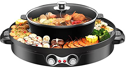 Elektrischer Hot Pot 2200W, 2 in 1 Multifunktion Elektrische Grill Hot pot mit Abnehmbar Kochplatte, Separate Doppelte Temperaturregelung, Indoor Korean BBQ Grill Thai Barbecue