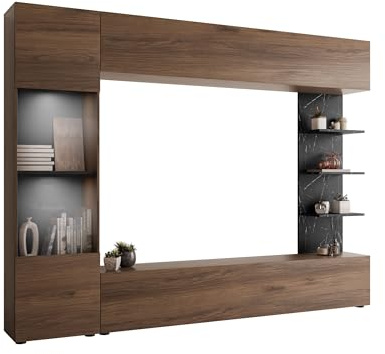 Mirjan24 Wohnwand Lazando, 4-teilig, weißer LED (Nuss Warmia/Marmor Schwarz | Anbauwand mit Hängeschrank, Vitrine, TV-Lowboard und Wandregal, 7 Fächern und grifflosen Fronten, B/H/T: 250/187/30 cm