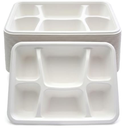 DBStores 50 Pack 6 Compartment Disposable Plates, Heavy Duty Bagasse Sugarcane Compartment Plates, Eco Friendly Microwave Safe School Lunch Trays, 29cm x 21cm