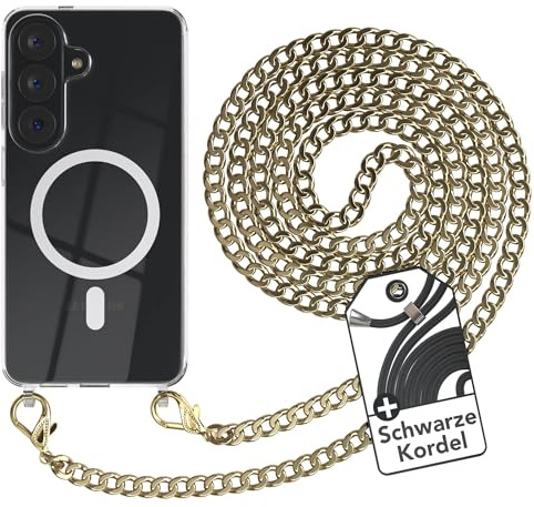 EAZY CASE - Handykette kompatibel mit Galaxy S26 Kette zum Umhängen Stoßfest Handyhülle für Galaxy S26 Silikon Hülle mit Band aus Metall Transparent als Fallschutz in Gold