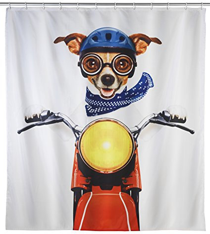 WENKO Duschvorhang Biker Dog - waschbar, mit 12 Duschvorhangringen, Polyester, 180 x 200 cm, Mehrfarbig