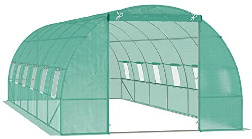 Outsunny Invernadero de Túnel 800x300x200 cm con 12 Ventanas y Puerta Enrollable Cubierta PE 140 g/m² y Acero para Cultivo de Plantas Verduras Verde