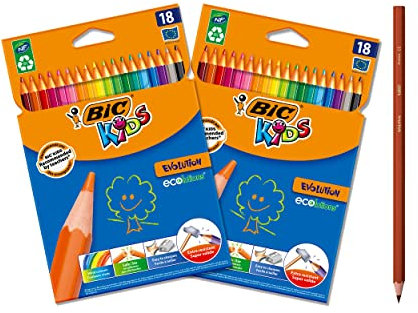 BIC Kids Buntstifte Evolution Ecolutions, zum Malen in 18 Farben, 2er Pack, im Karton Etui, ab 5 Jahre, Bruchsichere Mine & ohne Holz