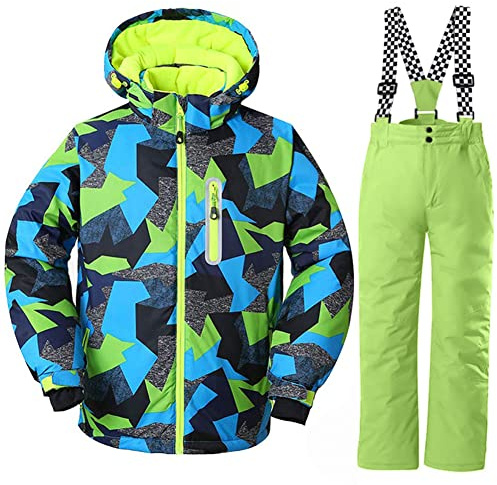 WOWULOVELY Big Boy's 2-Piece Colorblock Snow Pants and Jacket Snowsuit Ski Suit Waterproof Windproof Ski Jacket Colorful Unisex,FY Green 12