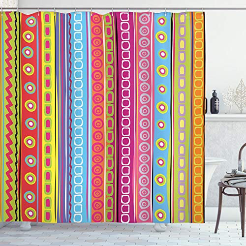 ABAKUHAUS Gestreift Duschvorhang, 90 Retro-Art Ethnic, Stoffliches Gewebe Badezimmerdekorationsset mit Haken, 175 x 240 cm, Magenta Grün
