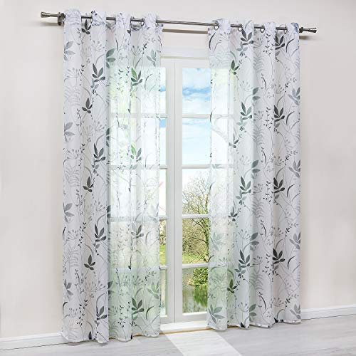 HongYa 1 Stück Ösenschal Transparenter Vorhang Voile Gardine Schal mit Ösen H/B 245/140 cm Blatt Muster