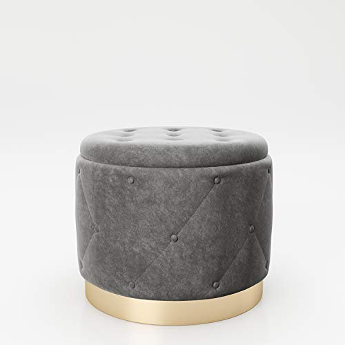 PLAYBOY Pouf mit Stauraum, goldenem Metallfuss, Samtbezug mit Chesterfield-Optik in Grau, Sitzbox mit abnehmbaren Deckel, Ottoman, Fussablage, Retro-Design, Club-Stil, Anthrazit, Samt, Stoff