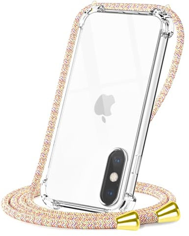 CAROKI Crossbody Case for Apple iPhoneX,for iPhone XS,Necklace Mobile Phone Cover with Cord Strap for iPhoneX/XS,Clear Transparent TPU Soft iPhoneX/XS Cover Holder with Neck Cord Lanyard Strap-Rainbow