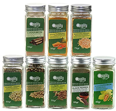 Pack d'épices indiennes. Idéal pour cadeaux et l'usage quotidien. 8 bocaux en verre, réutilisables. Cumin, curcuma, cardamome, coriandre, cannelle, poivre, moutarde et fenouil.